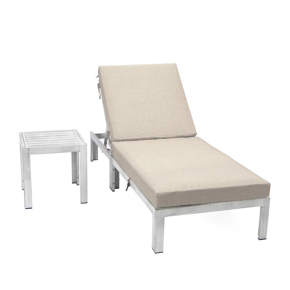 Outdoor Weathered Grey Chaise Lounge Chair With Side Table & Cushions