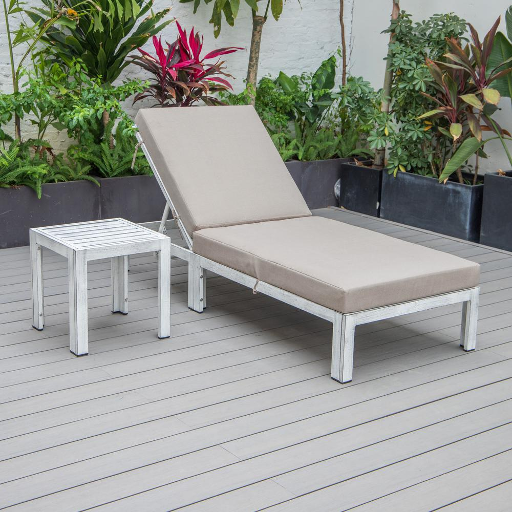 Outdoor Weathered Grey Chaise Lounge Chair With Side Table & Cushions