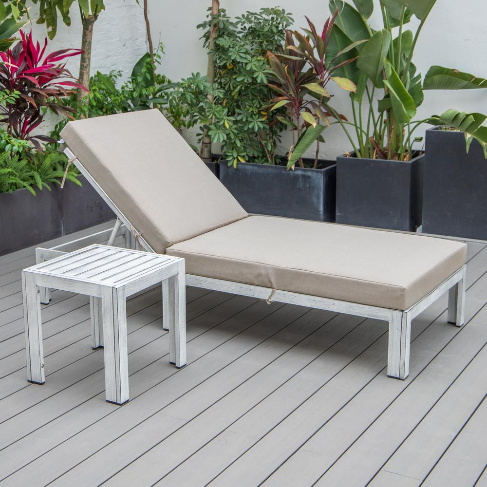 Outdoor Weathered Grey Chaise Lounge Chair With Side Table & Cushions