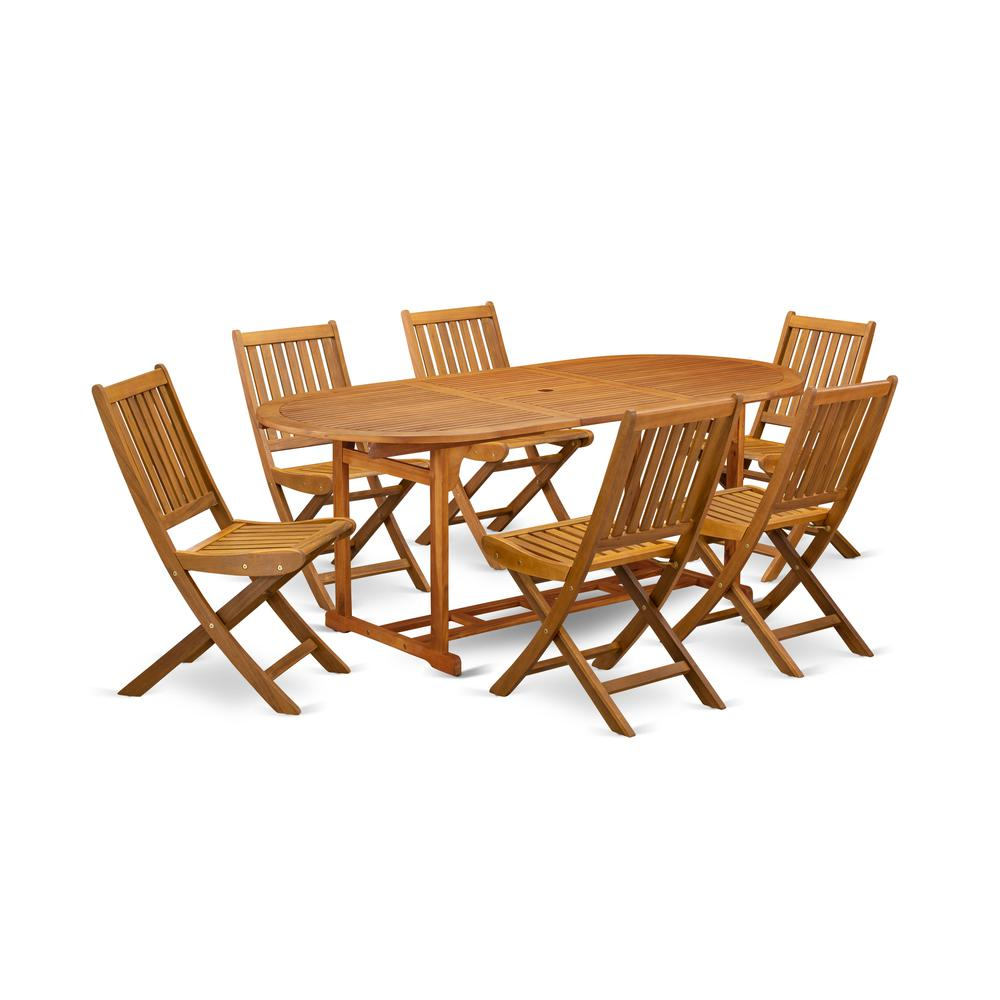 East West Furniture BSDK7CWNA 7-Pc Outdoor Set- 6 Outdoor Chairs Slatted Back and Outdoor Coffee Table and Round Top with Wooden legs - Natural Oil Finish