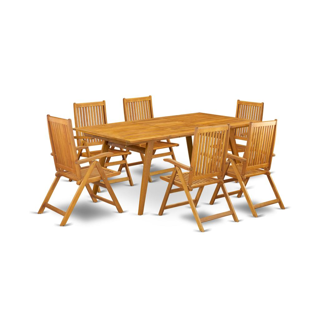 East West Furniture DECN7C5NA 7-Piece Outdoor Dining Set- 6 Outdoor Chairs High Slatted Back and Outdoor Coffee Table and Rectangle Top with Wood 4 legs - Natural Oil Finish