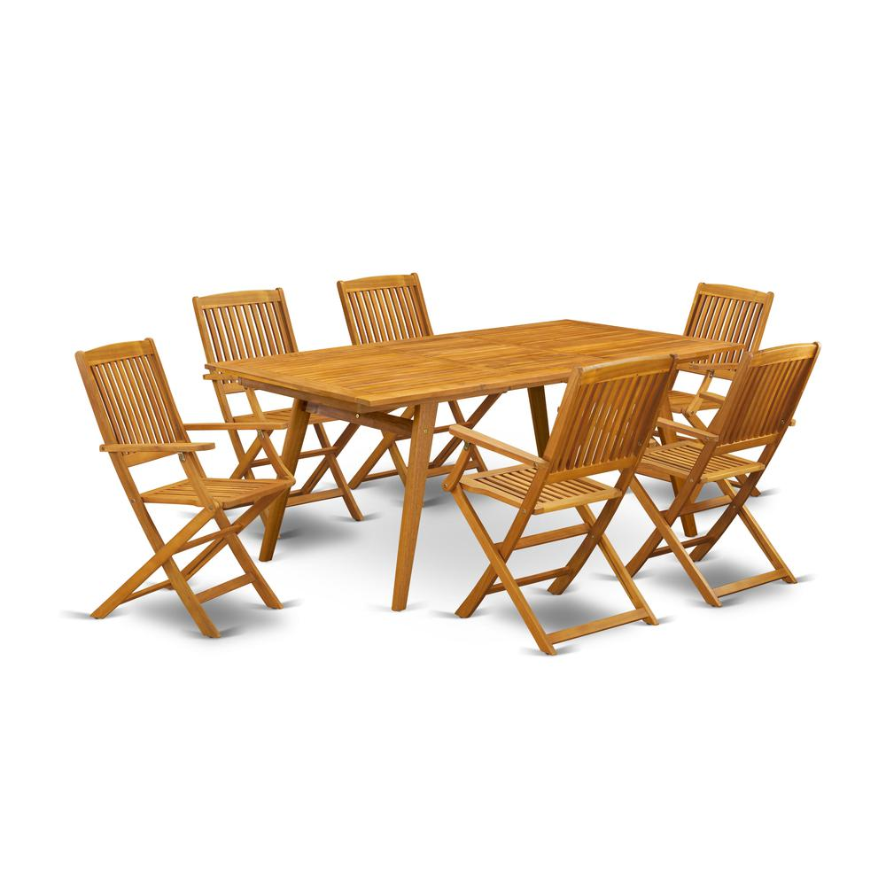 East West Furniture DECM7CANA 7-Piece Patio Set- 6 Outdoor Folding Arm Chairs Slatted Back and Small Outdoor Table and Rectangular Top with Wood 4 legs - Natural Oil Finish