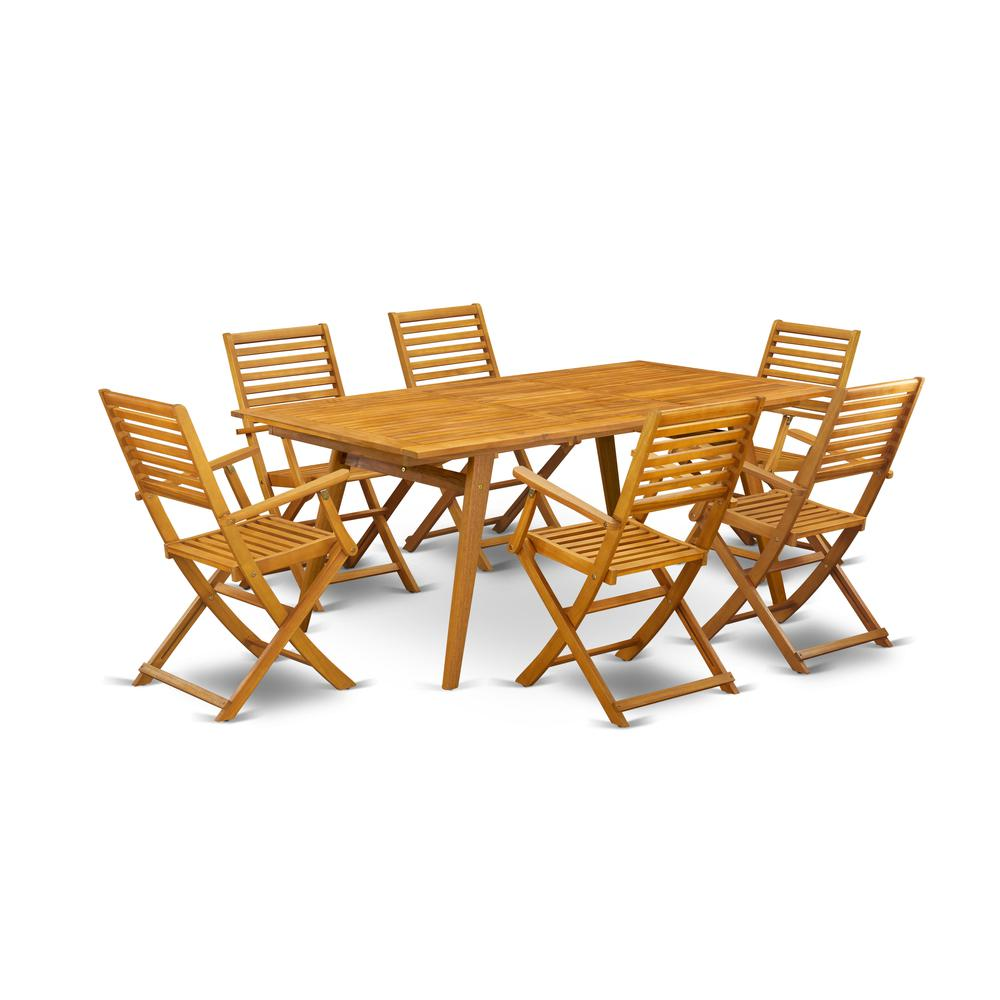 East West Furniture DEBS7CANA 7-Pc Outdoor Patio Set- 6 Outdoor Arm Chairs Ladder Back and Outdoor Coffee Table and Rectangle Top with Wood 4 legs - Natural Oil Finish