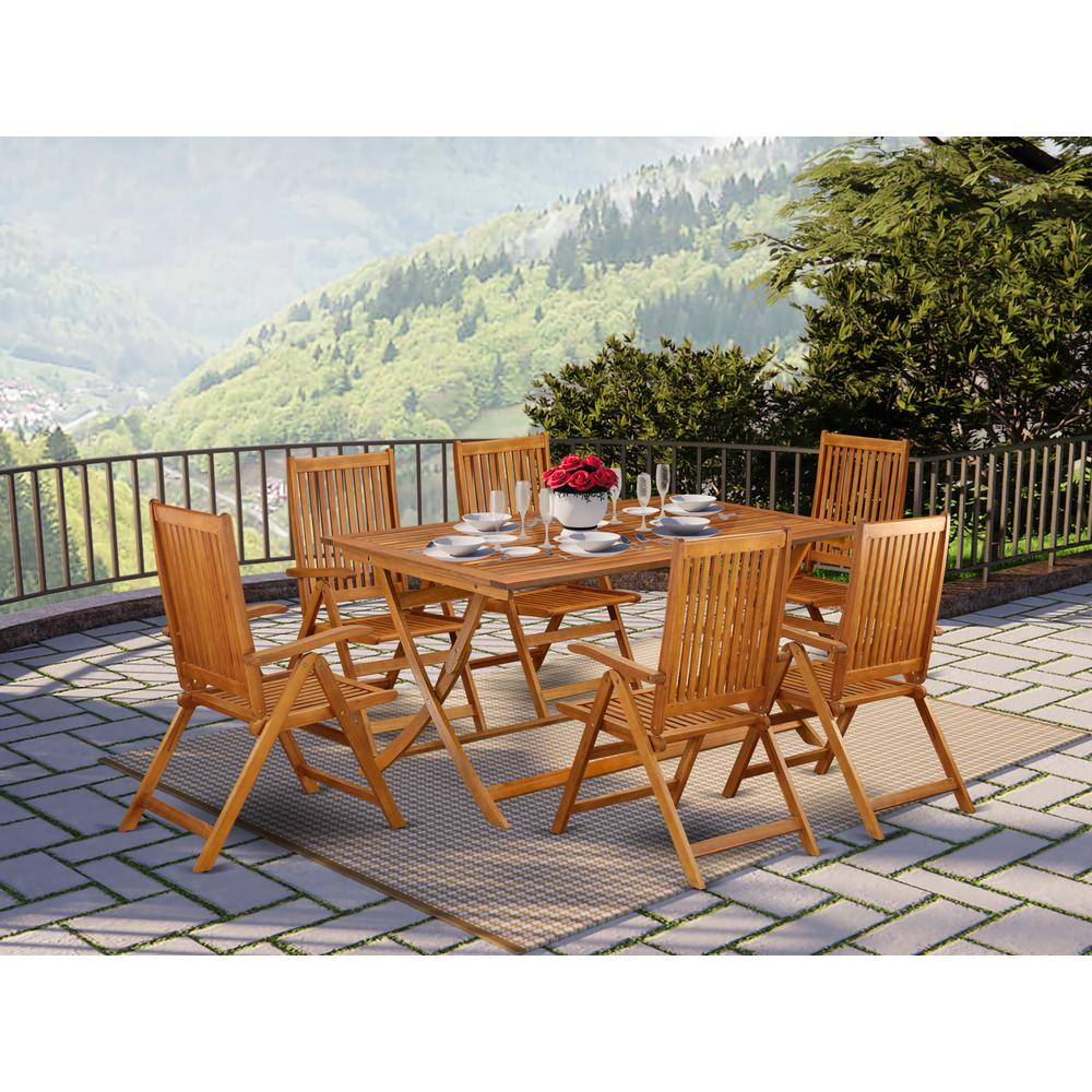 AECN7C5NA - 7 Piece Modern Folding Table Set-Beautiful Wood Table with Multi-Positions 6 Outdoor Patio Chairs- Natural Oil Finish