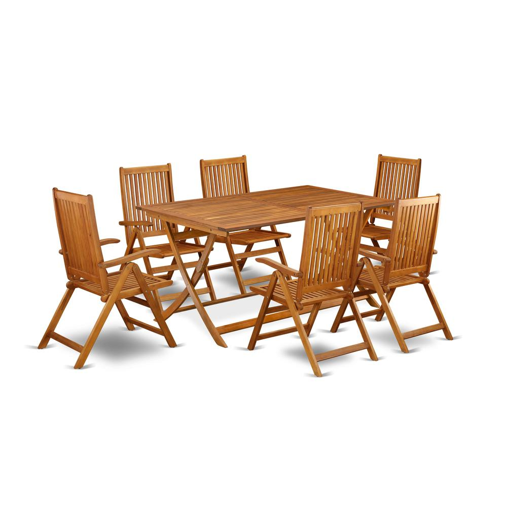 AECN7C5NA - 7 Piece Modern Folding Table Set-Beautiful Wood Table with Multi-Positions 6 Outdoor Patio Chairs- Natural Oil Finish