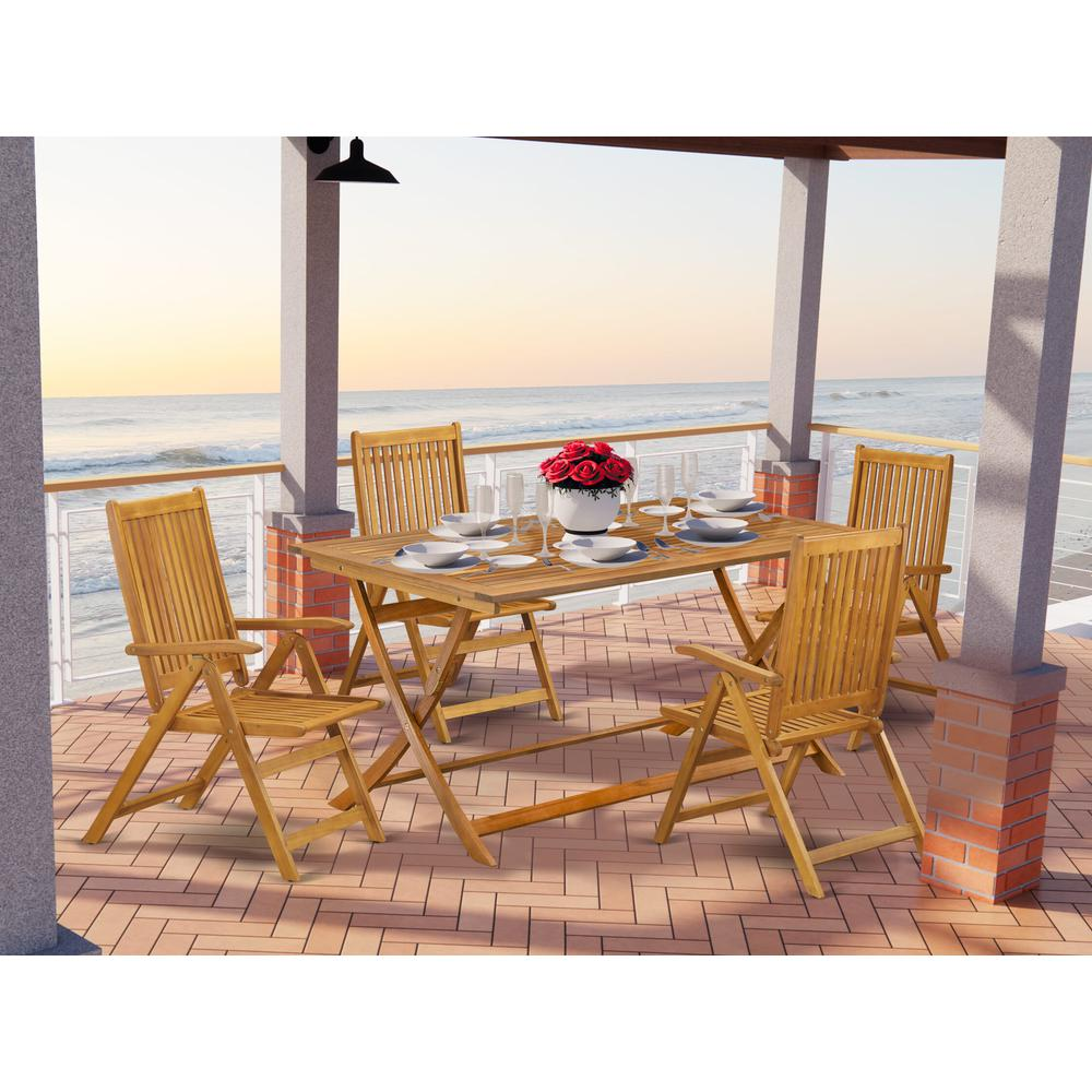 AECN5C5NA - 5 Piece Innovative Patio Dining Set - An Outdoor Table with Multi-Positions 4 Folding Patio Chairs- Natural Oil Finish