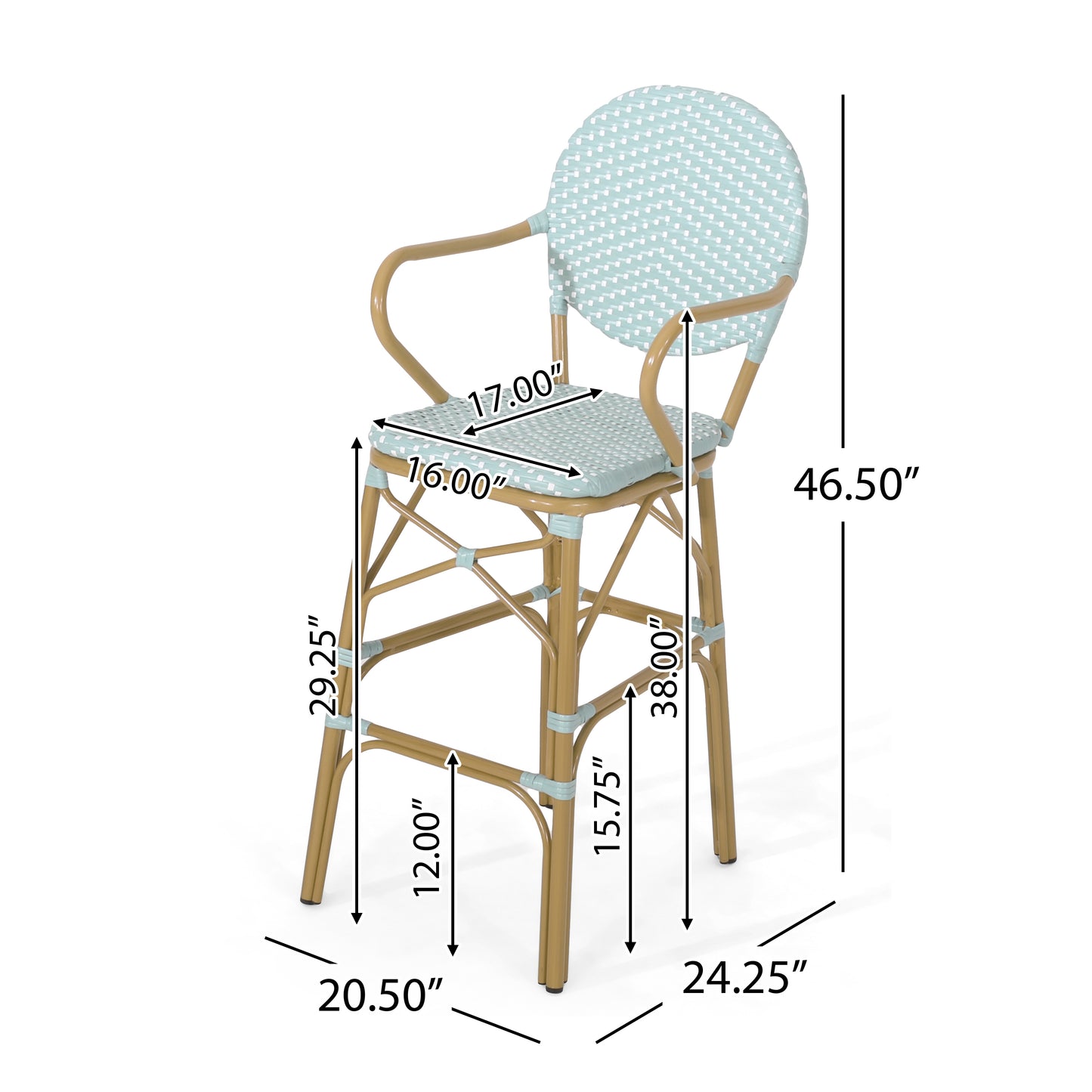 Outdoor Wicker and Aluminum 29.5" French Barstools, Set of 2, Teal, Bamboo Print Finish