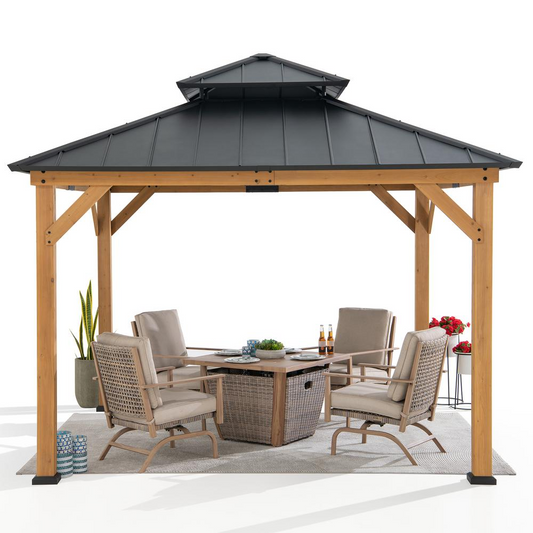 Wood Gazebo with 2-tier Metal Roof, for Patios, Lawn, and Backyard, Black