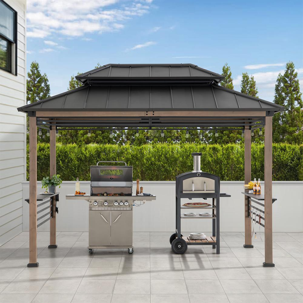 Wood Gazebo with Built-In Electrical Outlets and Decorative Fence, Brown