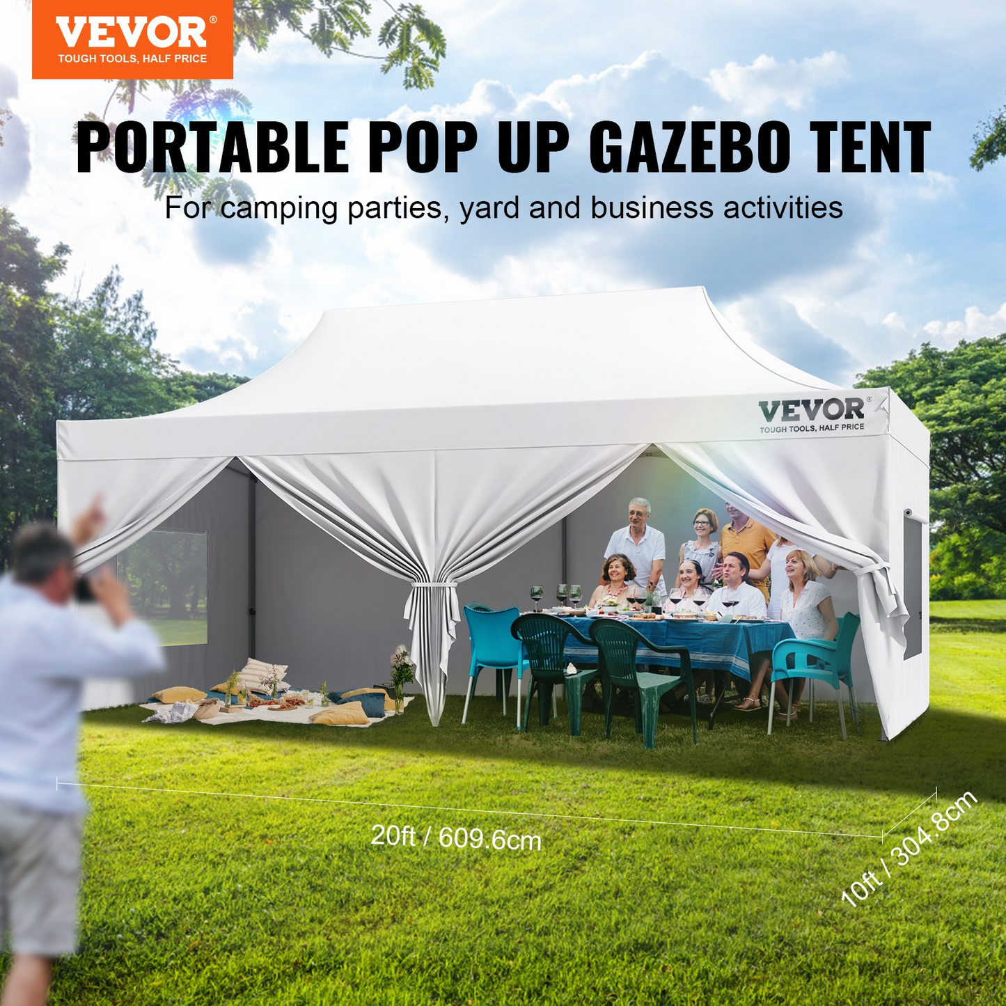 VEVOR 10x20 FT Pop up Canopy with Removable Sidewalls, Instant Canopies Portable Gazebo & Wheeled Bag, UV Resistant Waterproof, Enclosed Canopy Tent for Outdoor Events, Patio, Backyard, Party, Parking