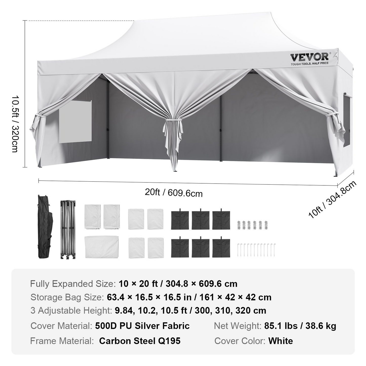 VEVOR 10x20 FT Pop up Canopy with Removable Sidewalls, Instant Canopies Portable Gazebo & Wheeled Bag, UV Resistant Waterproof, Enclosed Canopy Tent for Outdoor Events, Patio, Backyard, Party, Parking