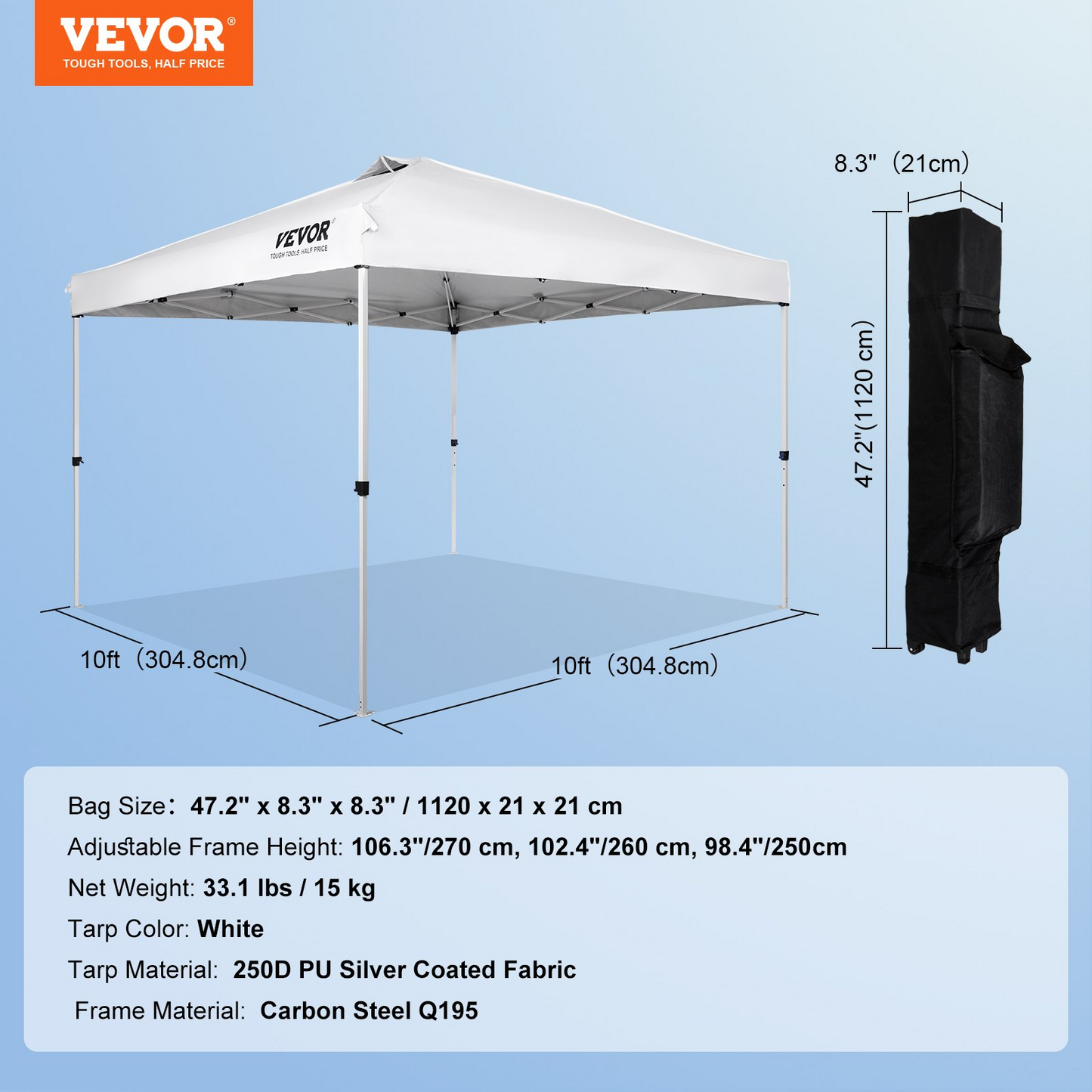 VEVOR Pop Up Canopy Tent, 10 x 10 ft, 250 D PU Silver Coated Tarp, with Portable Roller Bag and 4 Sandbags, Waterproof and Sun Shelter Gazebo for Outdoor Party, Camping, Commercial Events, White