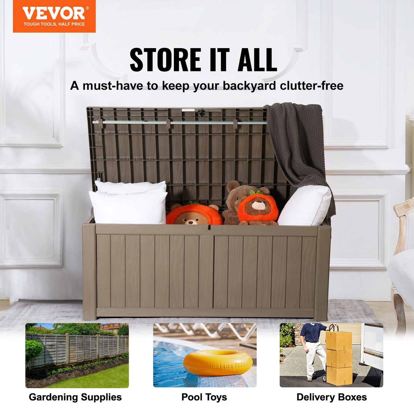 VEVOR Deck Box, 120 Gallon, 56.3" x 26.6" x 23.8" Outdoor Storage Box, Waterproof PP Deckbox with Aluminum Alloy Padlock, for Patio Furniture, Garden Tools, Pool Toys, Outdoor Cushions, Gray