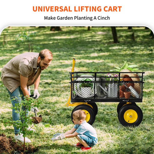 VEVOR Steel Garden Cart, Heavy Duty 1400 lbs Capacity, with Removable Mesh Sides to Convert into Flatbed, Utility Metal Wagon with 2-in-1 Handle and 15 in Tires, Perfect for Garden, Farm, Yard