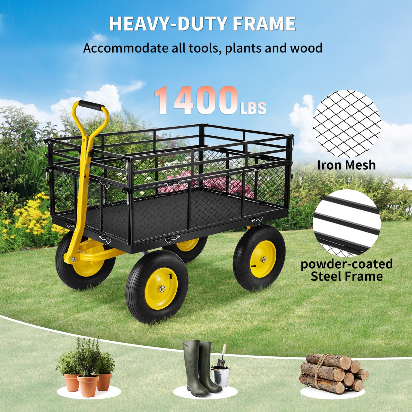 VEVOR Steel Garden Cart, Heavy Duty 1400 lbs Capacity, with Removable Mesh Sides to Convert into Flatbed, Utility Metal Wagon with 2-in-1 Handle and 15 in Tires, Perfect for Garden, Farm, Yard