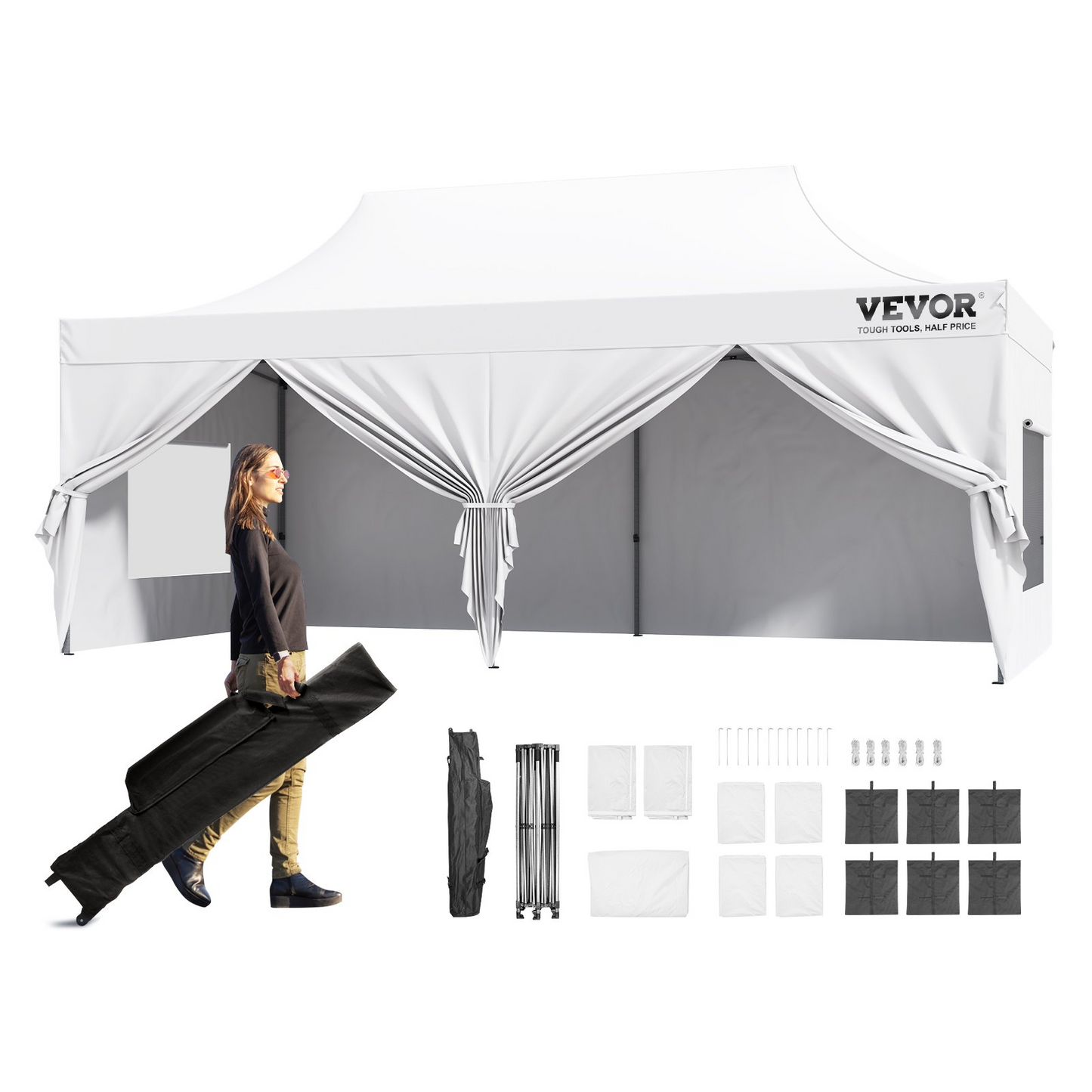 VEVOR 10x20 FT Pop up Canopy with Removable Sidewalls, Instant Canopies Portable Gazebo & Wheeled Bag, UV Resistant Waterproof, Enclosed Canopy Tent for Outdoor Events, Patio, Backyard, Party, Parking