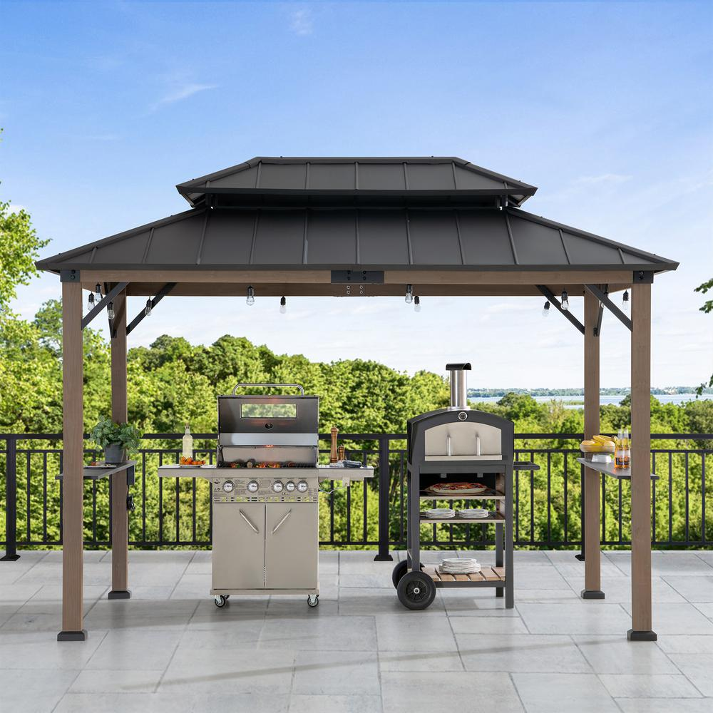 Durable Cedar Framed Wood Gazebo with Built-In Electrical Outlets, Brown