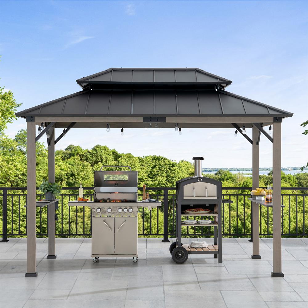 Durable Cedar Framed Wood Gazebo with Built-In Electrical Outlets, Black