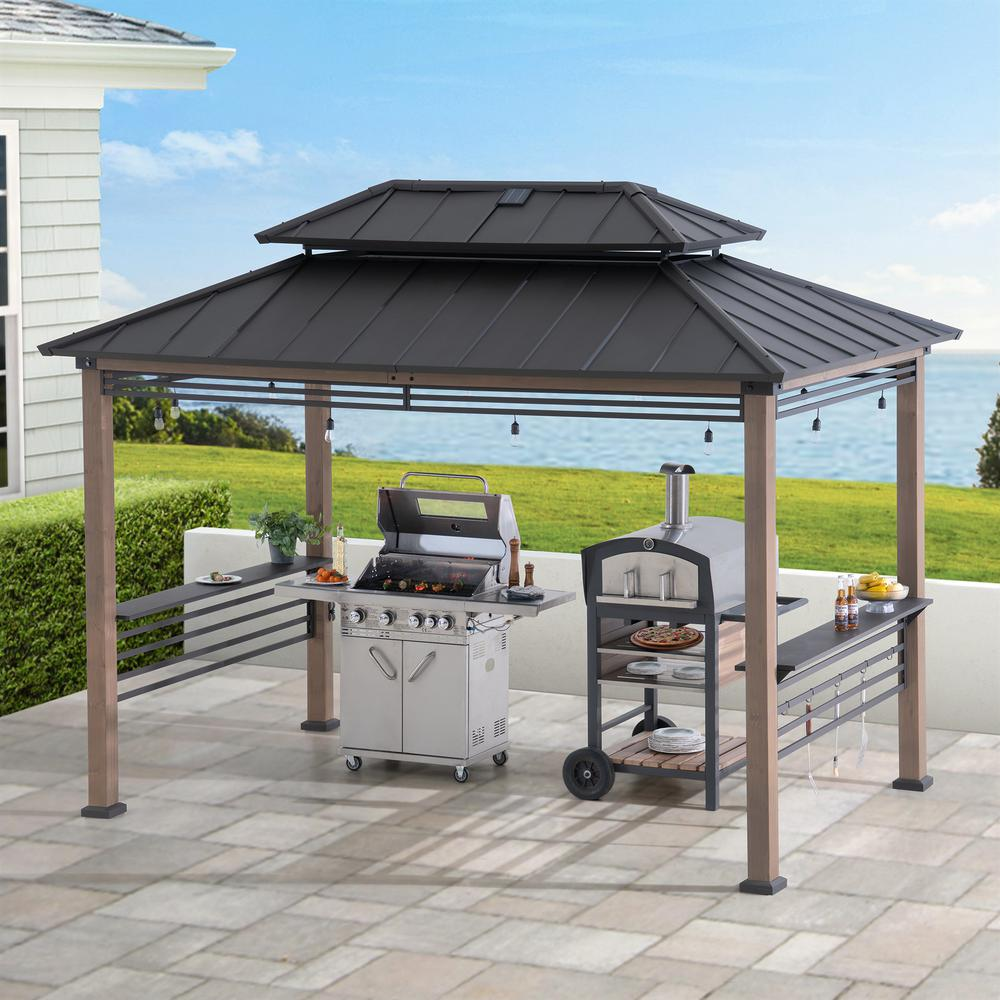 Wood Gazebo with Built-In Electrical Outlets and Decorative Fence, Brown