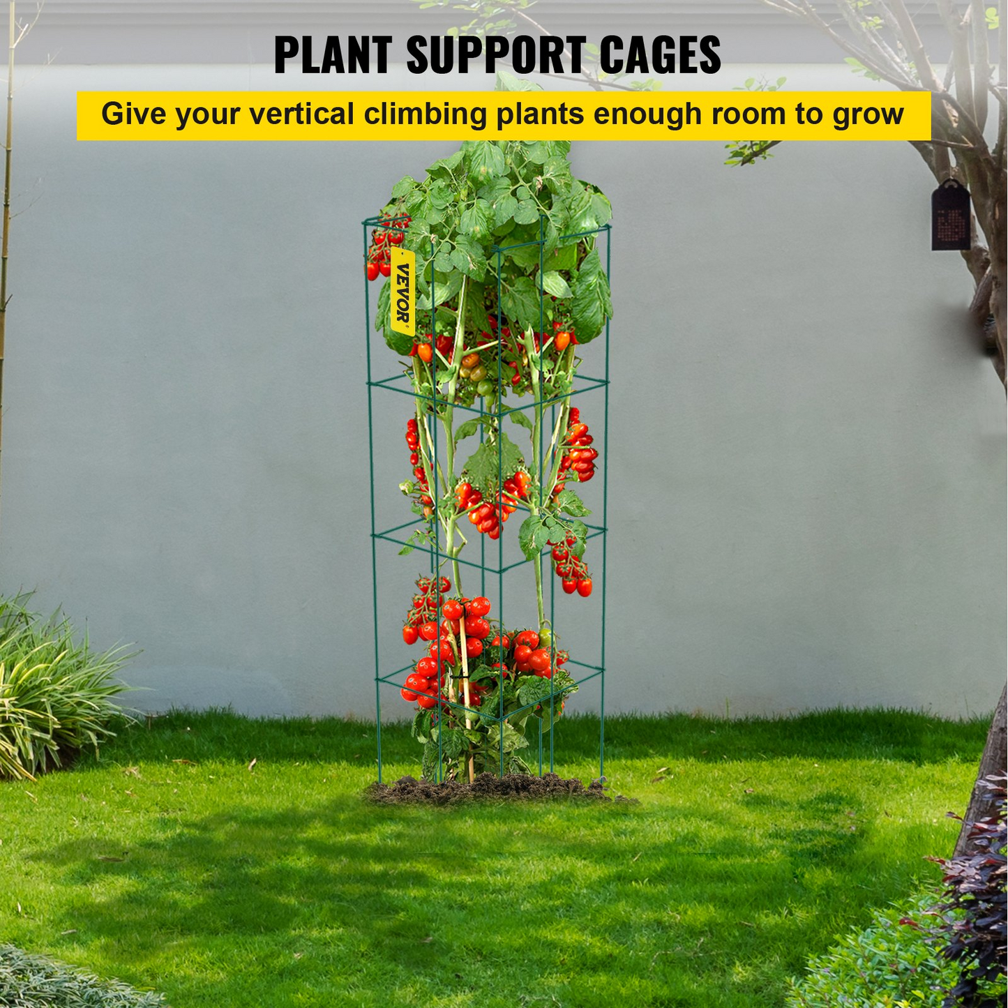 VEVOR Tomato Cages, 14.6" x 14.6" x 39.4", 6 Packs Square Plant Support Cages, Green PVC-Coated Steel Tomato Towers for Climbing Vegetables, Plants, Flowers, Fruits