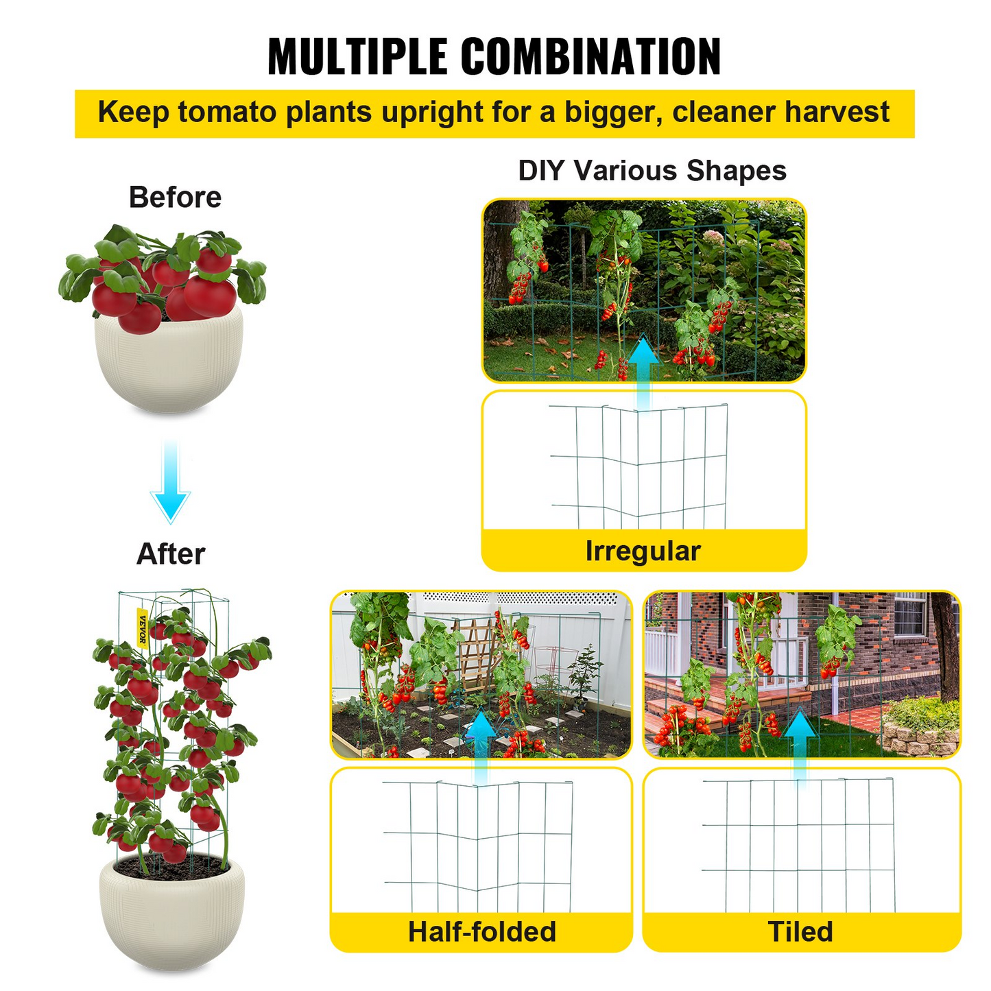 VEVOR Tomato Cages, 14.6" x 14.6" x 39.4", 6 Packs Square Plant Support Cages, Green PVC-Coated Steel Tomato Towers for Climbing Vegetables, Plants, Flowers, Fruits