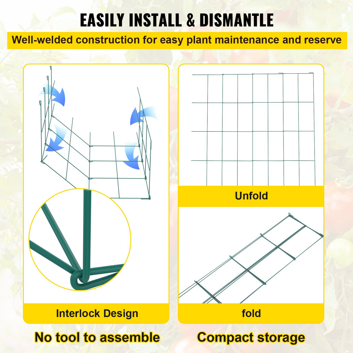 VEVOR Tomato Cages, 14.6" x 14.6" x 39.4", 6 Packs Square Plant Support Cages, Green PVC-Coated Steel Tomato Towers for Climbing Vegetables, Plants, Flowers, Fruits