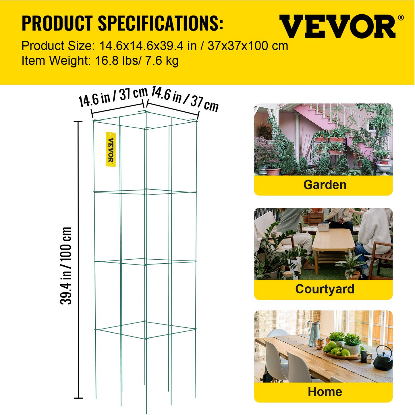 VEVOR Tomato Cages, 14.6" x 14.6" x 39.4", 6 Packs Square Plant Support Cages, Green PVC-Coated Steel Tomato Towers for Climbing Vegetables, Plants, Flowers, Fruits