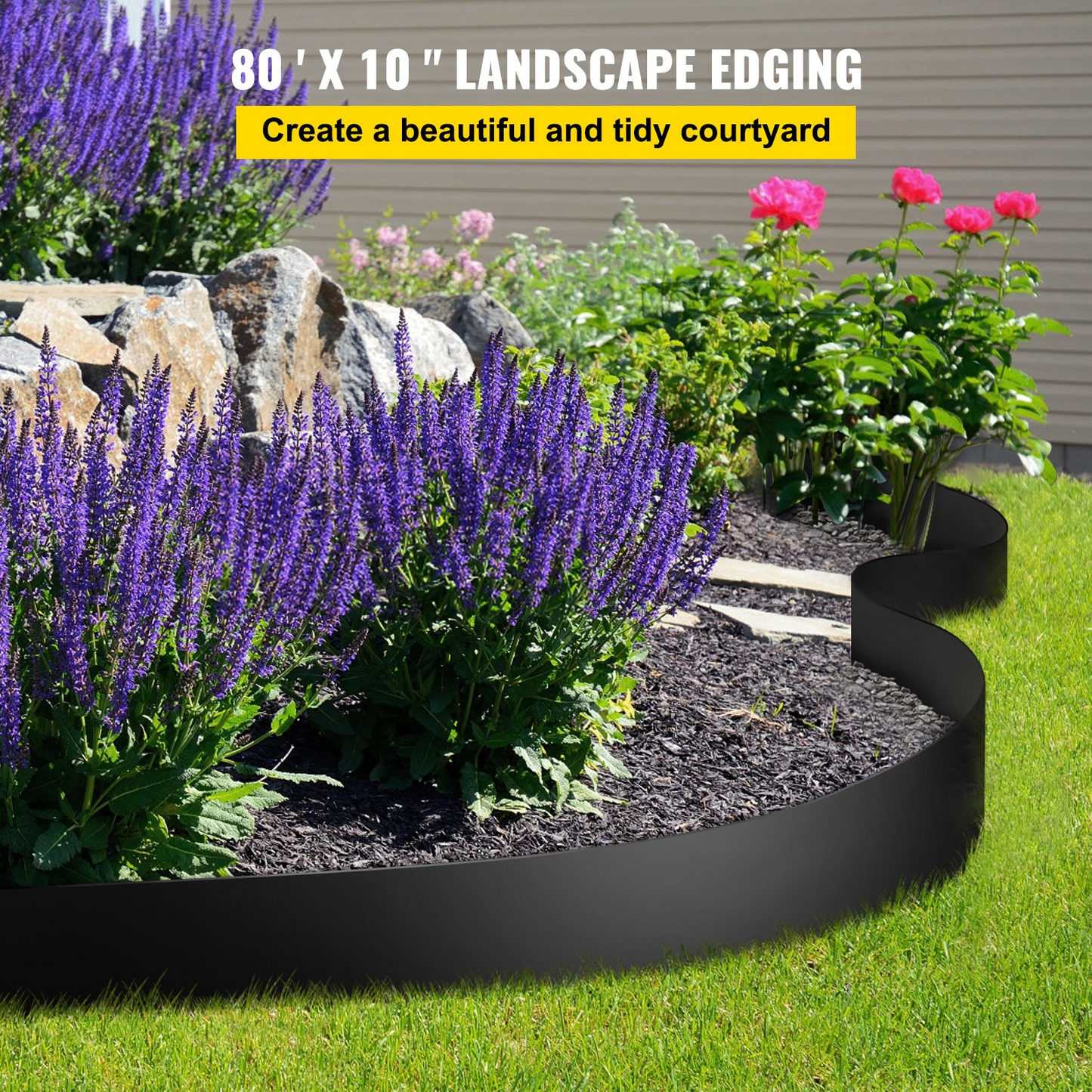 VEVOR Landscape Edging, 10 inch Depth 80 ft Total Length, Recycled HDPE Coiled Terrace Board, Flexible Bender Border for Landscaping, Lawn, Garden, Yard, Against Invading Weeds, Black