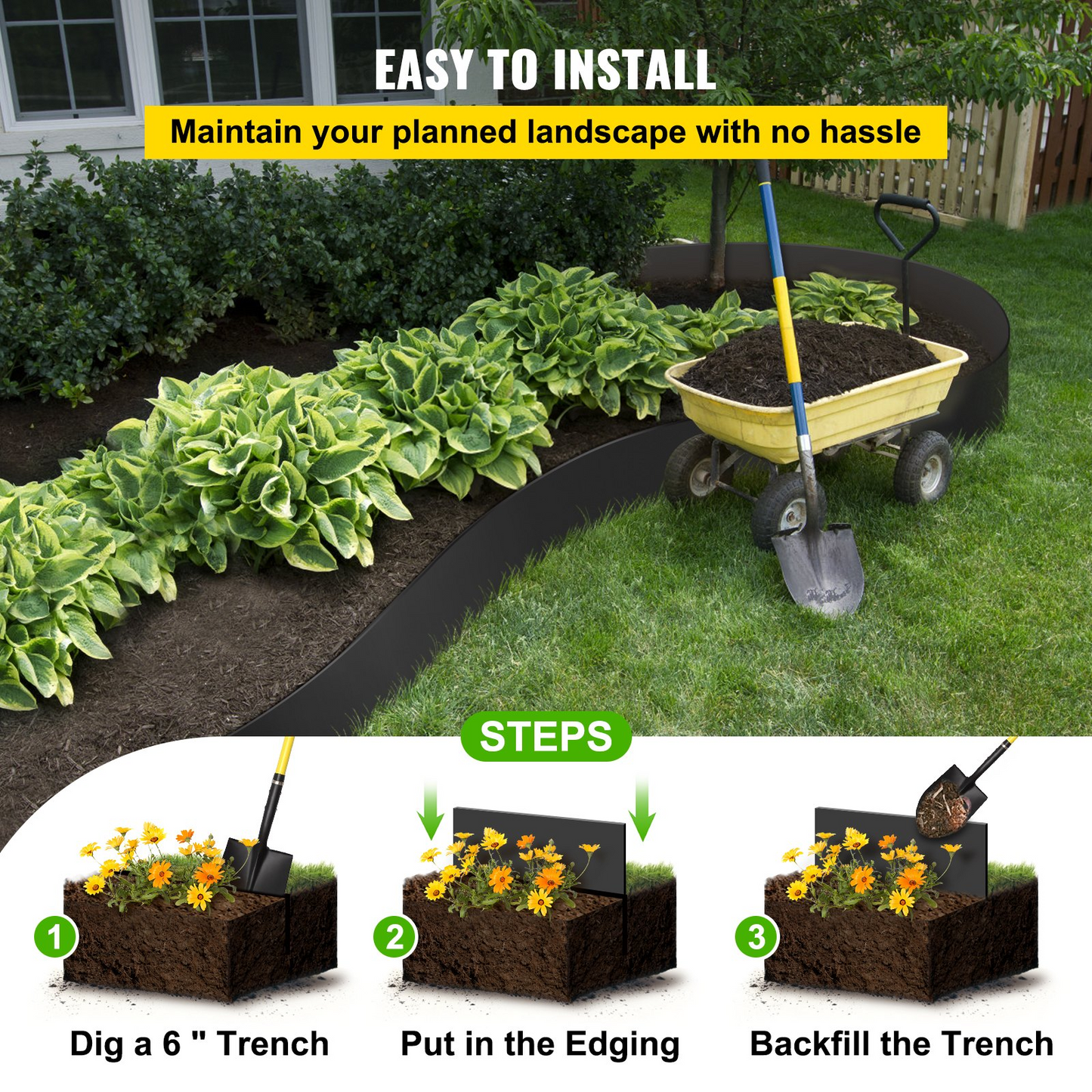 VEVOR Landscape Edging, 10 inch Depth 80 ft Total Length, Recycled HDPE Coiled Terrace Board, Flexible Bender Border for Landscaping, Lawn, Garden, Yard, Against Invading Weeds, Black