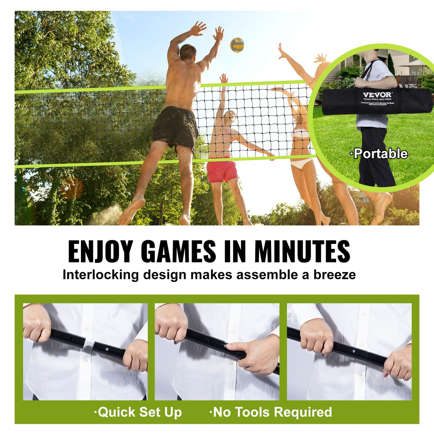 VEVOR Outdoor Portable Volleyball Net System, Adjustable Height Steel Poles, Professional Volleyball Set with PVC Volleyball, Pump, Carrying Bag, Heavy Duty Volleyball Net for Backyard, Beach, Lawn