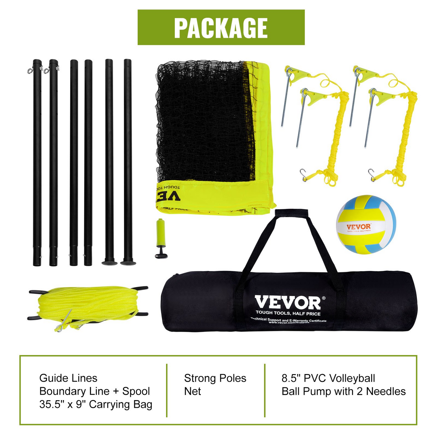 VEVOR Outdoor Portable Volleyball Net System, Adjustable Height Steel Poles, Professional Volleyball Set with PVC Volleyball, Pump, Carrying Bag, Heavy Duty Volleyball Net for Backyard, Beach, Lawn