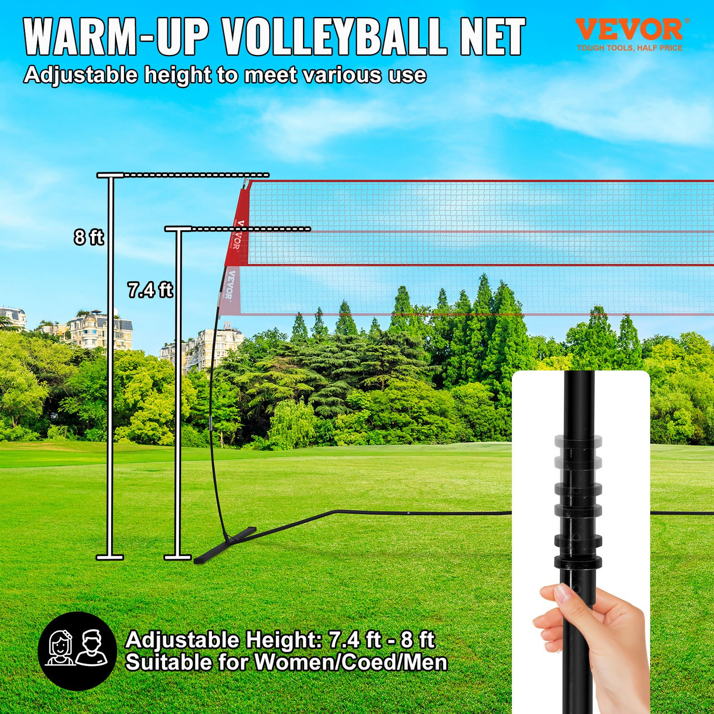 VEVOR Freestanding Volleyball Training Net for Indoor or Outdoor Use, Adjustable Height Portable Net System with Carrying Bag, Professional Volleyball Practice Trainer for Hitting or Serving Drills