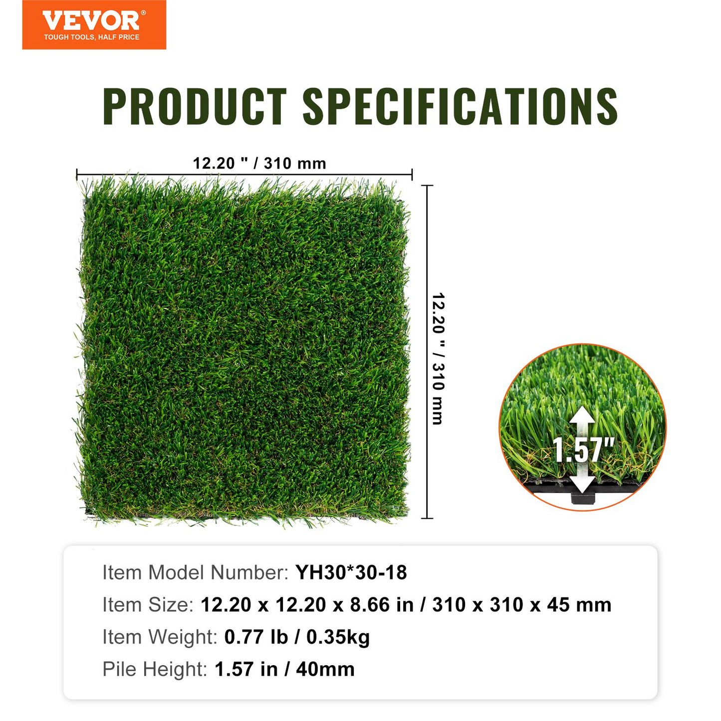 VEVOR Artifical Grass Tiles Interlocking Turf Deck Set, 18 Pack - 12"x12", Synthetic Fake Grass Self-draining Mat Flooring Decor Pad, Perfect For Multi-Purpose Indoor Outdoor Entryway Scraper Dog Mats