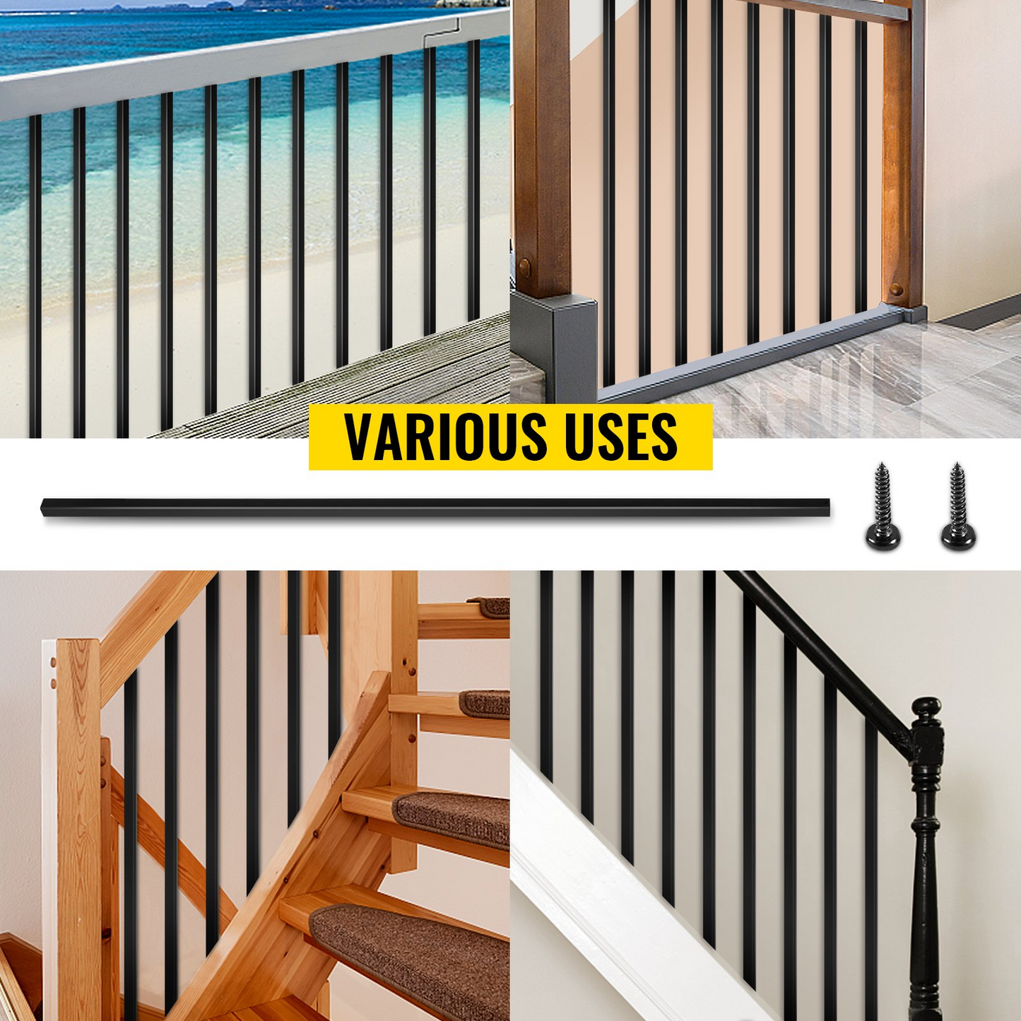 VEVOR Deck Balusters, 16 Pack Metal Deck Spindles, 44"x0.5" Staircase Baluster with Screws, Iron Deck Railing for Wood and Composite Deck, Stylish Black Baluster for Outdoor Stair Deck Porch