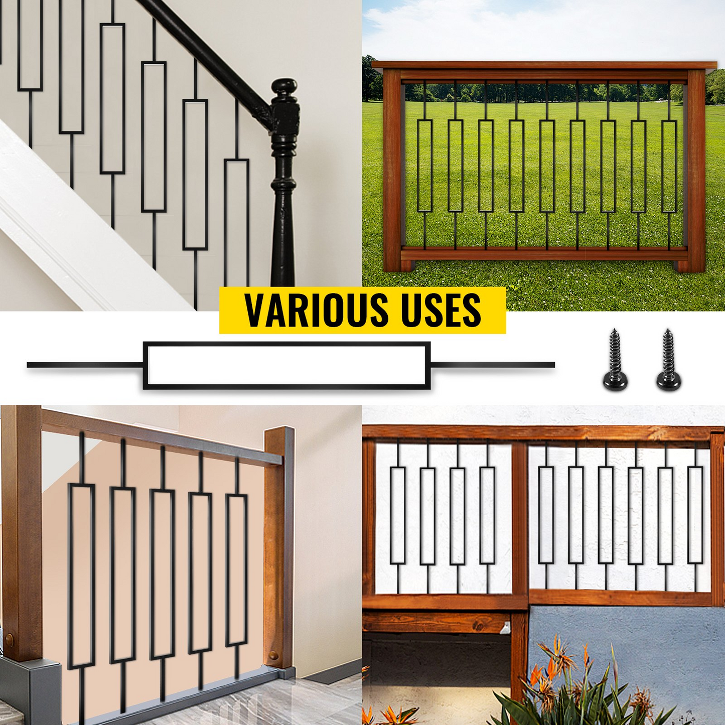 VEVOR Deck Balusters, 10 Pack Metal Deck Spindles, 44"x0.5" Staircase Baluster with Screws, Iron Deck Railing for Wood and Composite Deck, Stylish Black Baluster for Outdoor Stair Deck Porch