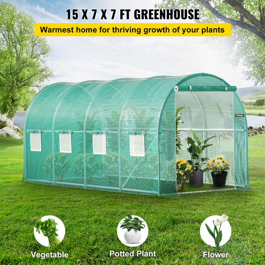 VEVOR Walk-in Tunnel Greenhouse, 15 x 7 x 7 ft Portable Plant Hot House w/ Galvanized Steel Hoops, 1 Top Beam, Diagonal Poles, Zippered Door & 8 Roll-up Windows, Green