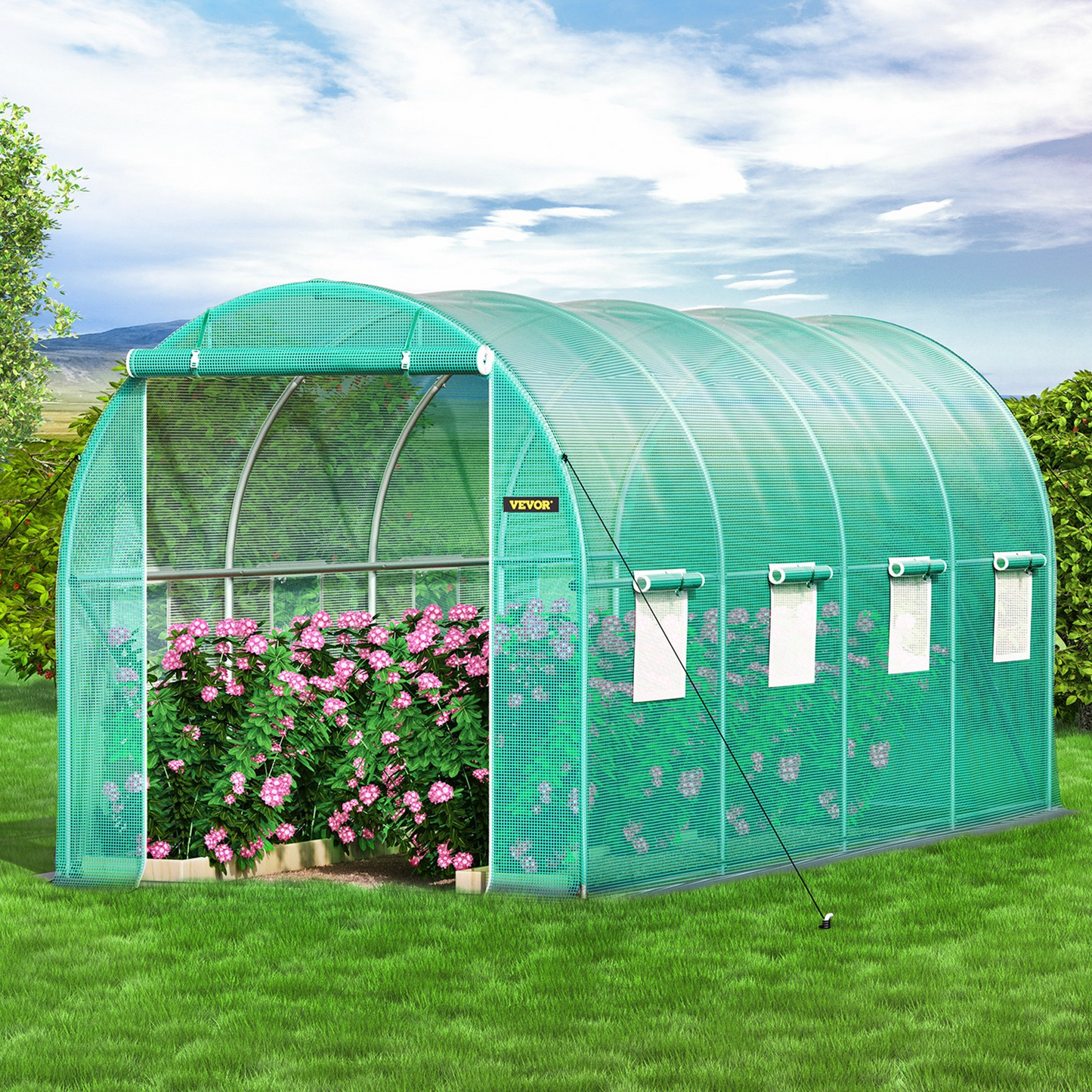 VEVOR Walk-in Tunnel Greenhouse, 15 x 7 x 7 ft Portable Plant Hot House w/ Galvanized Steel Hoops, 1 Top Beam, Diagonal Poles, Zippered Door & 8 Roll-up Windows, Green