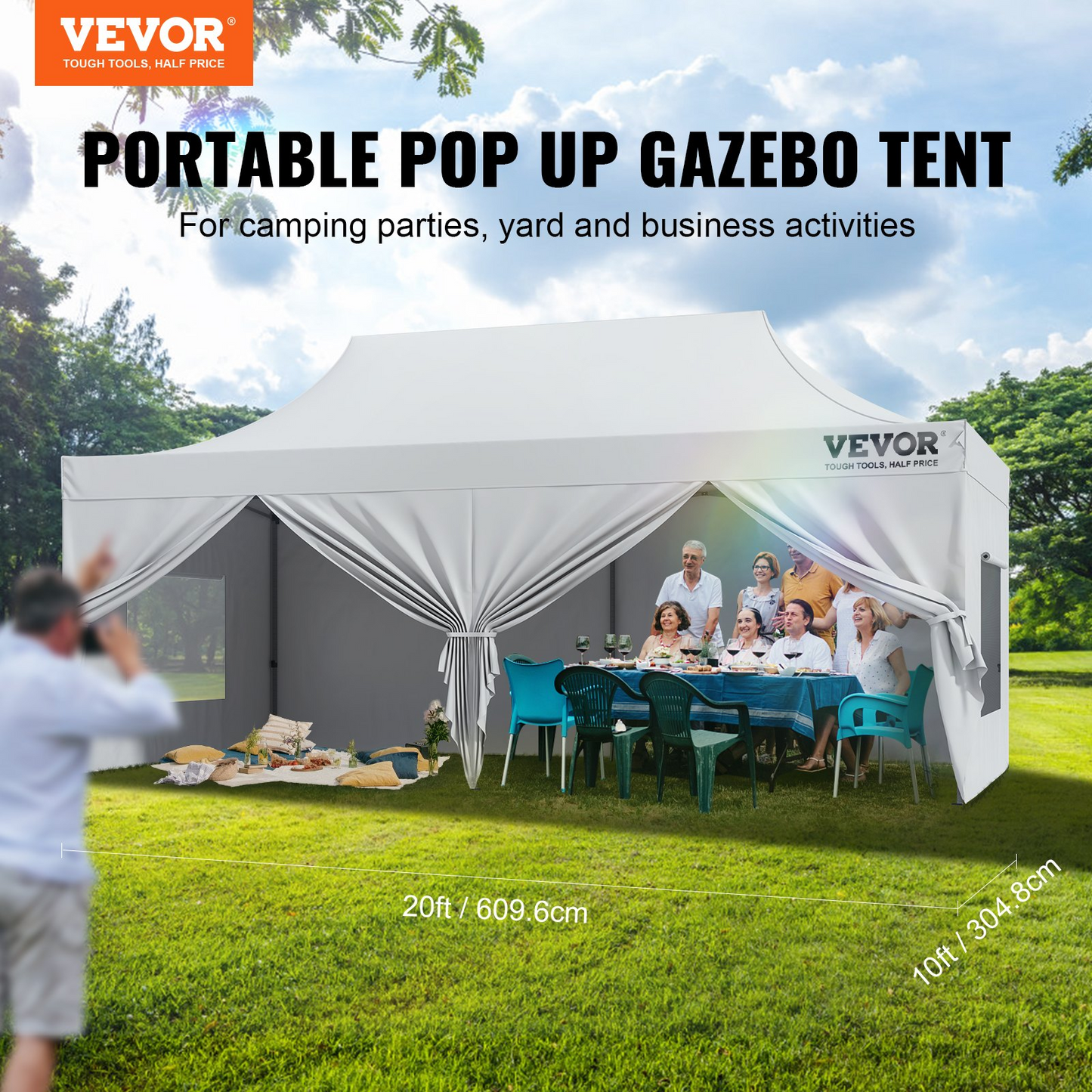 VEVOR 10x20 FT Pop up Canopy with Removable Sidewalls, Instant Canopies Portable Gazebo & Wheeled Bag, UV Resistant Waterproof, Enclosed Canopy Tent for Outdoor Events, Patio, Backyard, Party, Parking