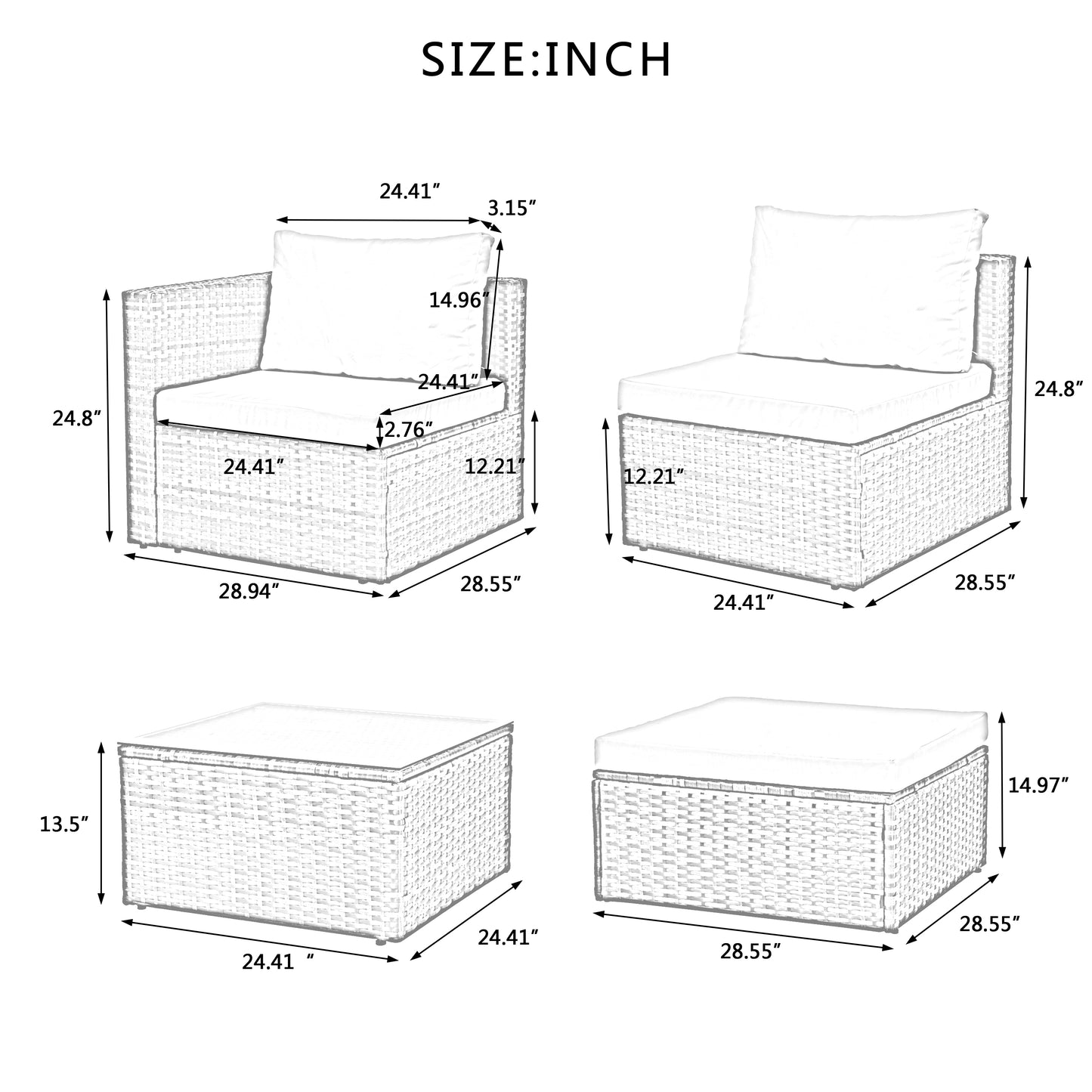 Patio Furniture, Outdoor Furniture, Seasonal PE Wicker Furniture, 5 Set Wicker Furniture With Tempered Glass Coffee Table