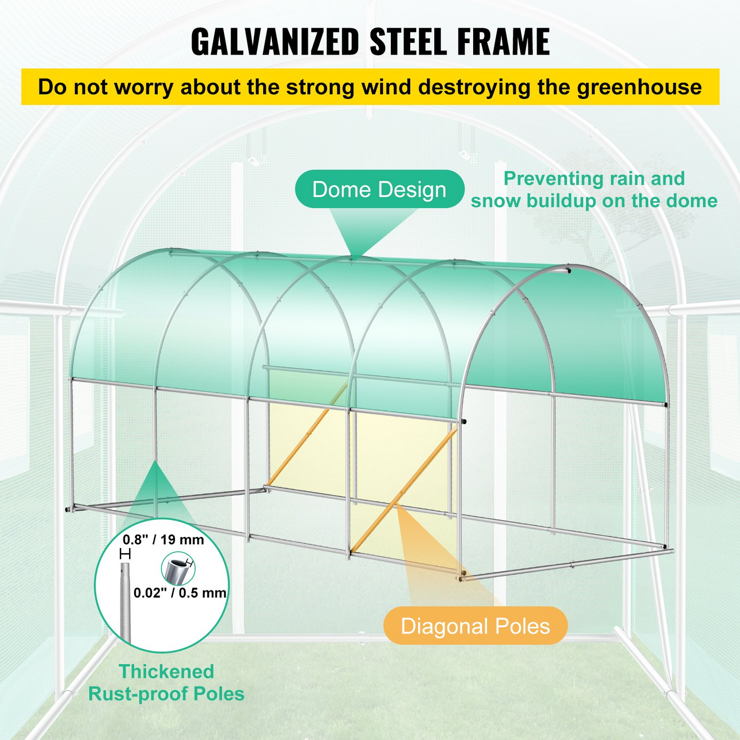 VEVOR Walk-in Tunnel Greenhouse, 15 x 7 x 7 ft Portable Plant Hot House w/ Galvanized Steel Hoops, 1 Top Beam, Diagonal Poles, Zippered Door & 8 Roll-up Windows, Green