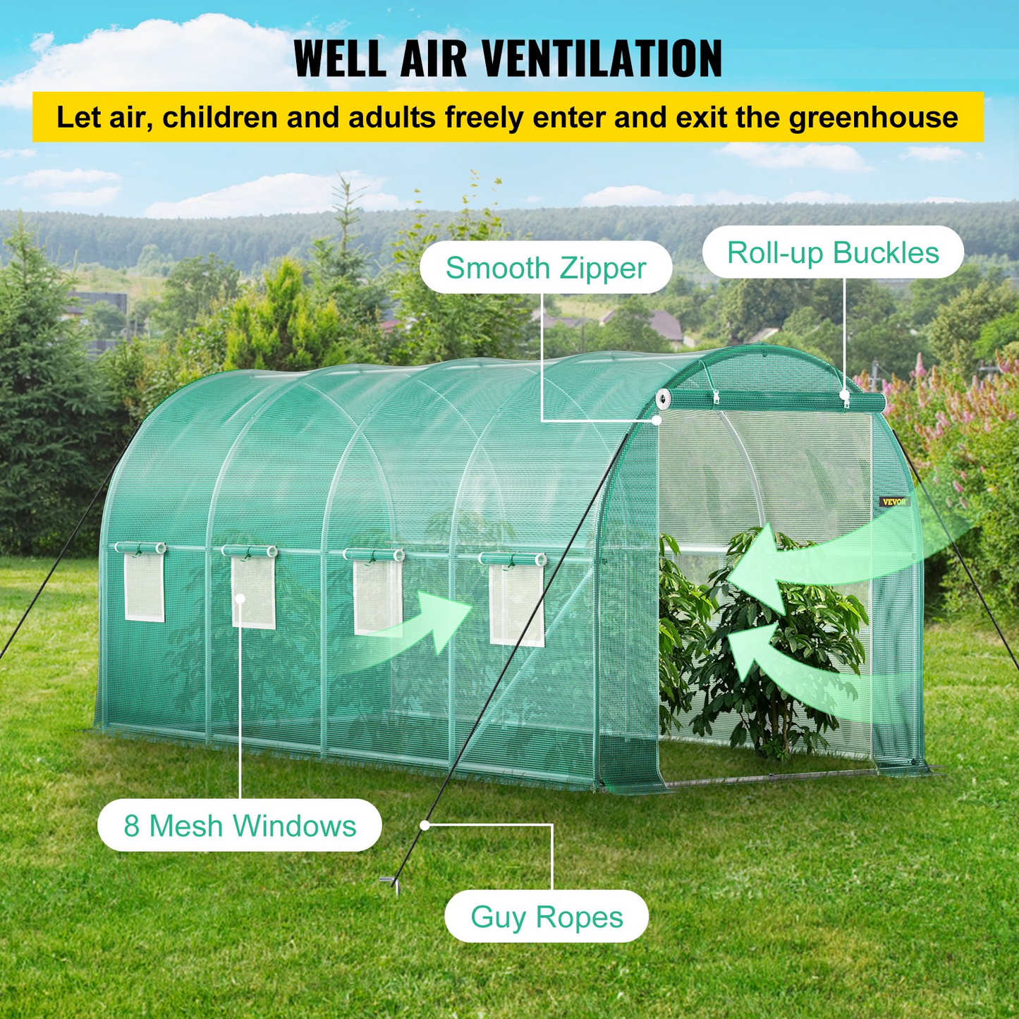 VEVOR Walk-in Tunnel Greenhouse, 15 x 7 x 7 ft Portable Plant Hot House w/ Galvanized Steel Hoops, 1 Top Beam, Diagonal Poles, Zippered Door & 8 Roll-up Windows, Green