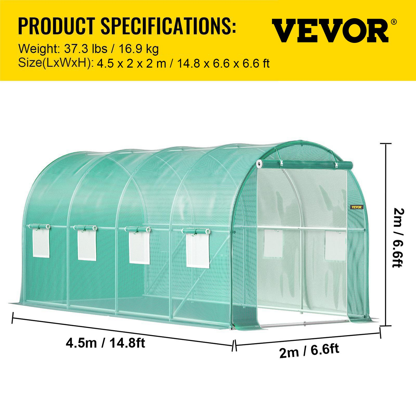 VEVOR Walk-in Tunnel Greenhouse, 15 x 7 x 7 ft Portable Plant Hot House w/ Galvanized Steel Hoops, 1 Top Beam, Diagonal Poles, Zippered Door & 8 Roll-up Windows, Green