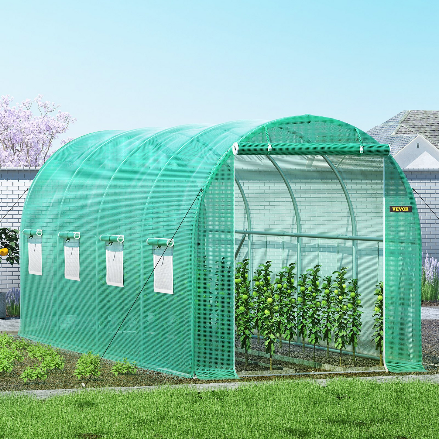 VEVOR Walk-in Tunnel Greenhouse, 15 x 7 x 7 ft Portable Plant Hot House w/ Galvanized Steel Hoops, 1 Top Beam, Diagonal Poles, Zippered Door & 8 Roll-up Windows, Green