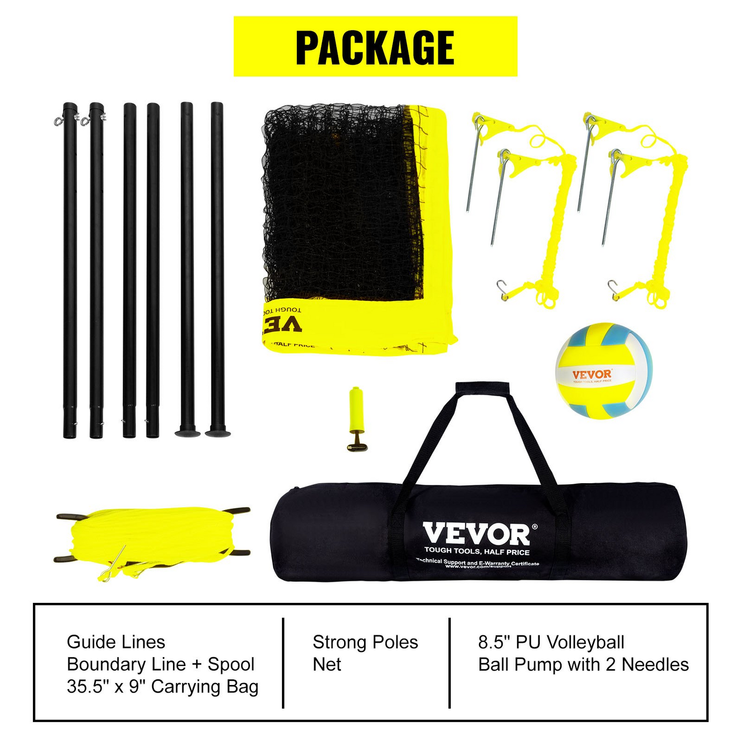 VEVOR Outdoor Portable Volleyball Net System, Adjustable Height Steel Poles, Professional Volleyball Set with PVC Volleyball, Pump, Carrying Bag, Heavy Duty Volleyball Net for Backyard, Beach, Lawn