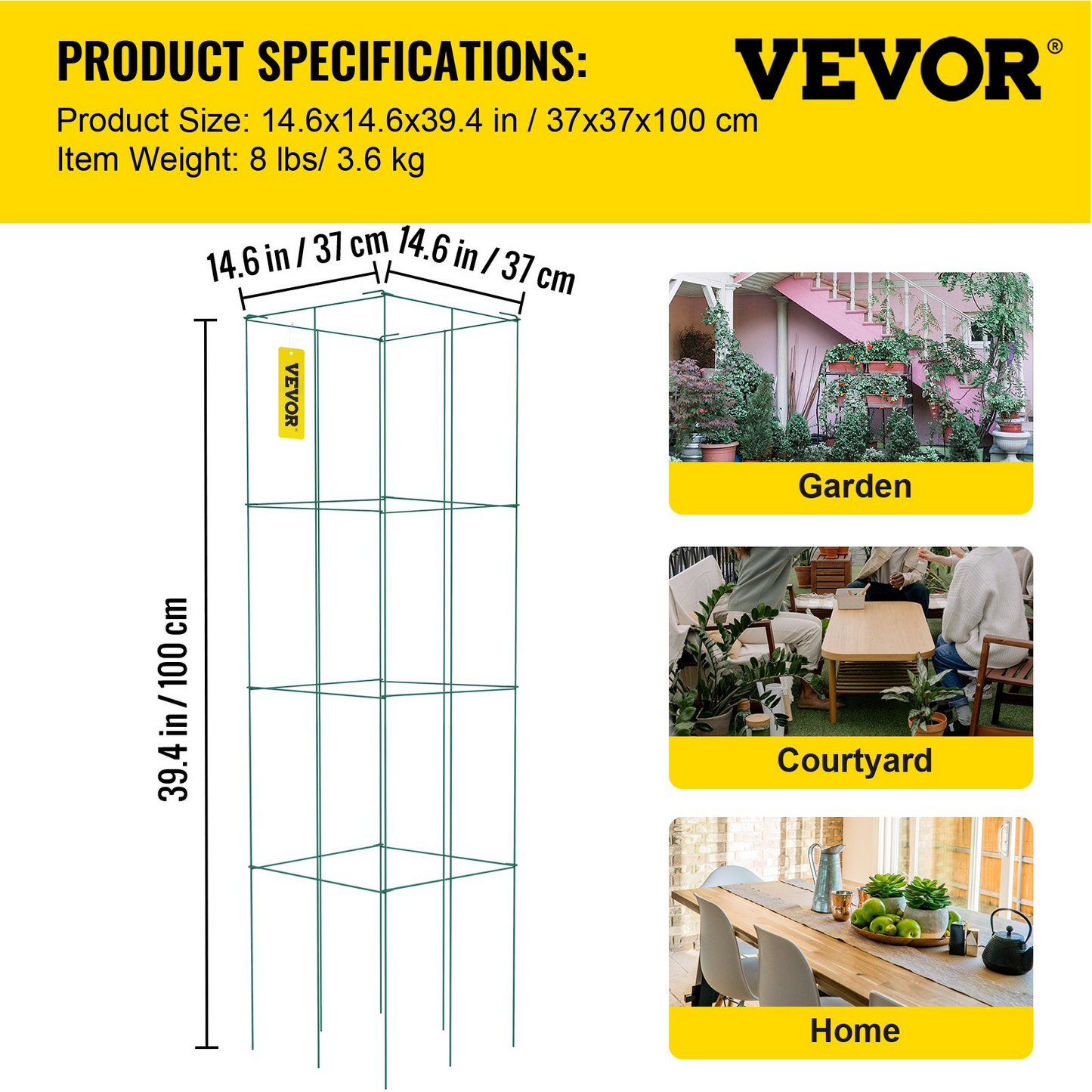 VEVOR Tomato Cages, 14.6" x 14.6" x 39.4", 3 Packs Tomato Cages for Garden, Square Plant Support Cages Heavy Duty, Green PVC-Coated Steel Tomato Towers for Climbing Vegetables, Plants, Flowers, Fruits