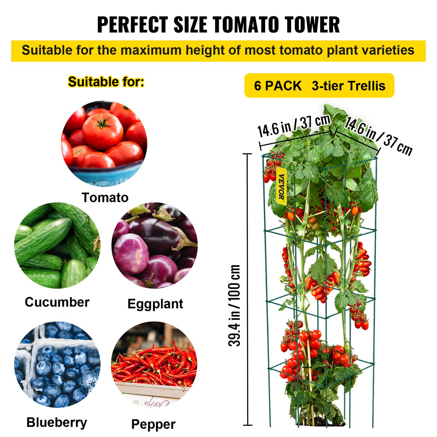 VEVOR Tomato Cages, 14.6" x 14.6" x 39.4", 6 Packs Square Plant Support Cages, Green PVC-Coated Steel Tomato Towers for Climbing Vegetables, Plants, Flowers, Fruits