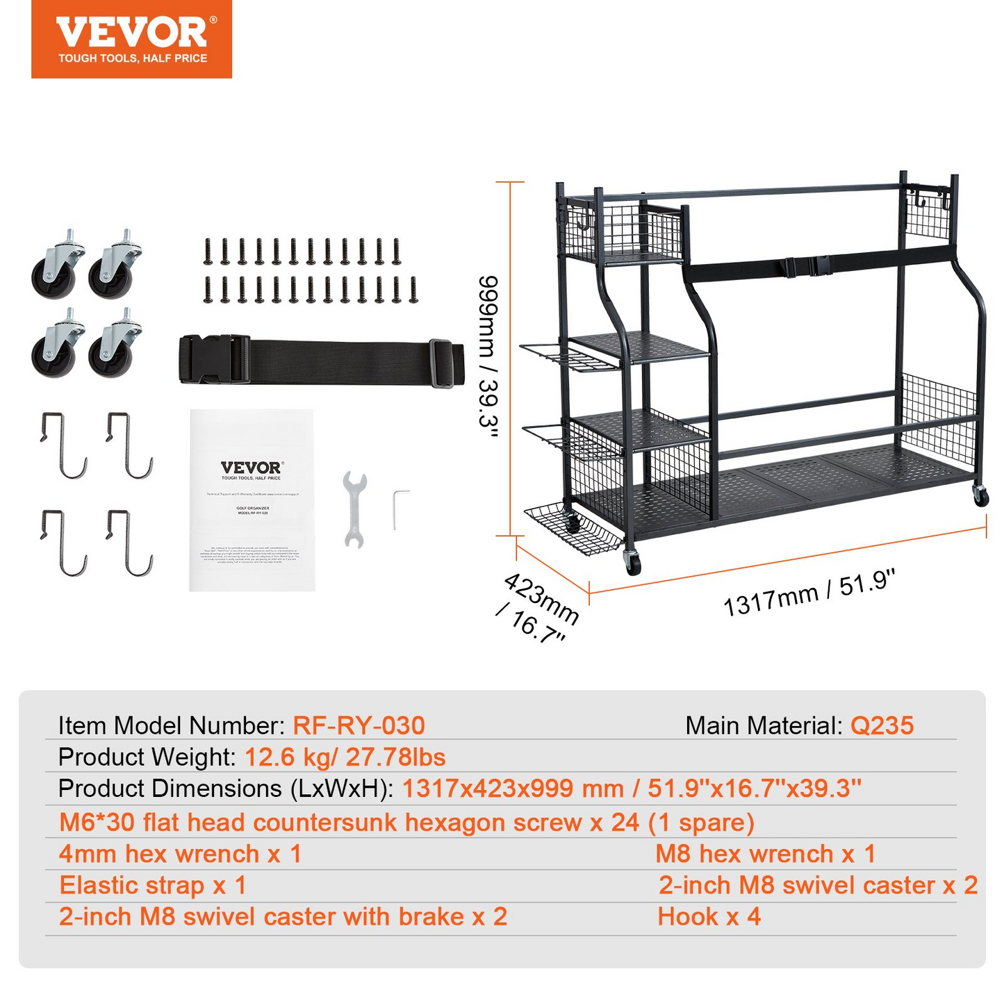 VEVOR Golf Storage Garage Organizer, 3 Golf Bag Stand Holder and Other Sports Equipment Storage Rack, Rolling Ball Cart on Wheels, Outdoor Sport Gear and Toy Storage with Baskets & Hooks, Steel, Black