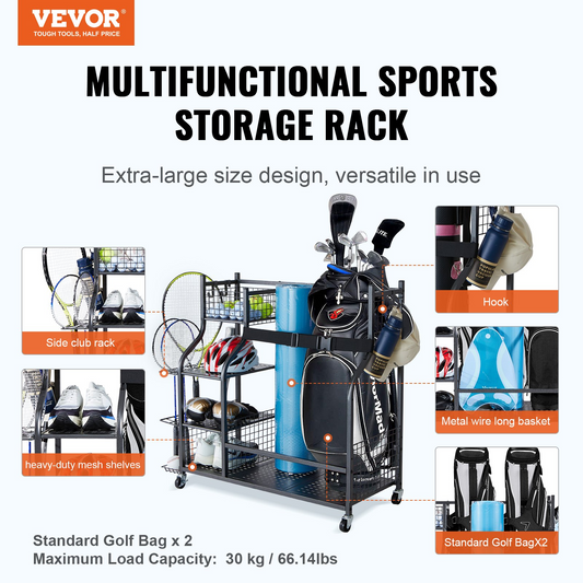 VEVOR Golf Storage Garage Organizer, 2 Golf Bag Stand Holder and Other Sports Equipment Storage Rack, Rolling Ball Cart on Wheels, Outdoor Sport Gear and Toy Storage with Baskets & Hooks, Steel, Black