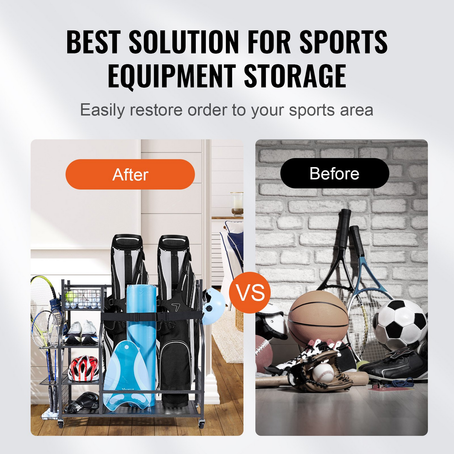 VEVOR Golf Storage Garage Organizer, 2 Golf Bag Stand Holder and Other Sports Equipment Storage Rack, Rolling Ball Cart on Wheels, Outdoor Sport Gear and Toy Storage with Baskets & Hooks, Steel, Black