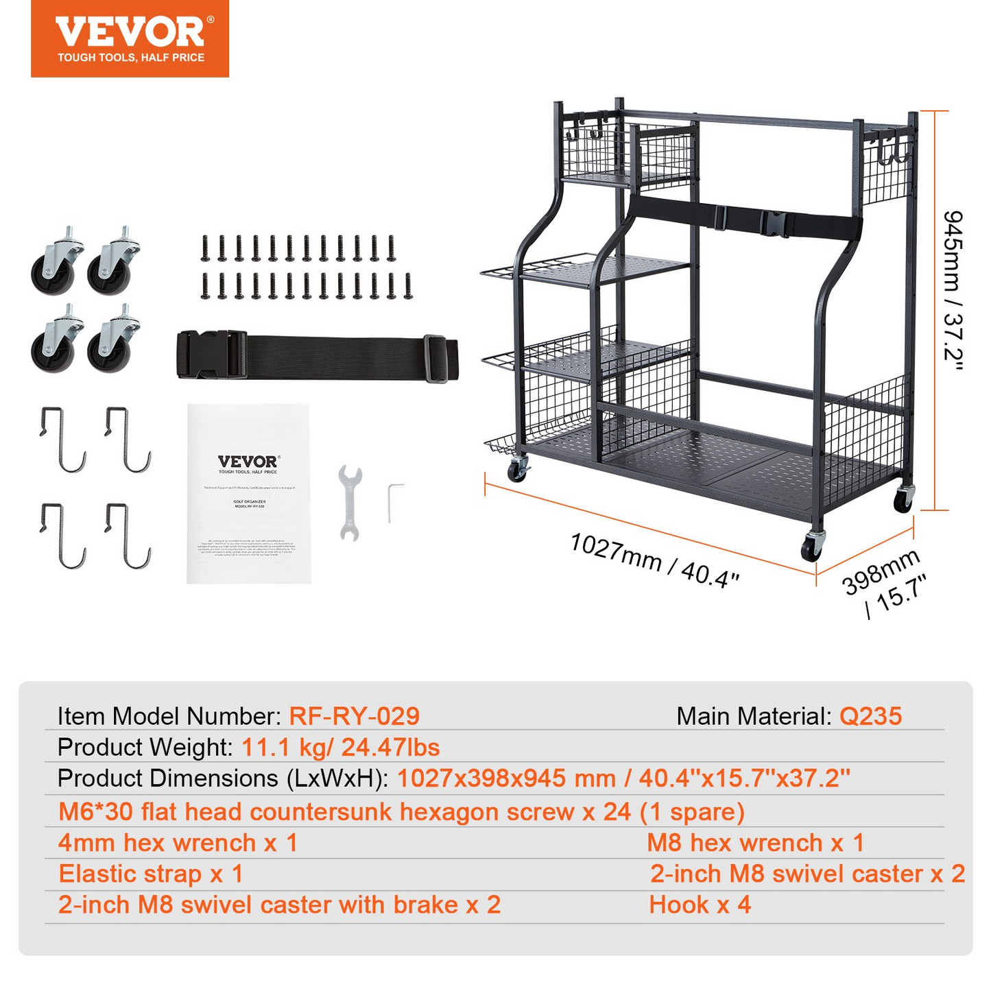 VEVOR Golf Storage Garage Organizer, 2 Golf Bag Stand Holder and Other Sports Equipment Storage Rack, Rolling Ball Cart on Wheels, Outdoor Sport Gear and Toy Storage with Baskets & Hooks, Steel, Black